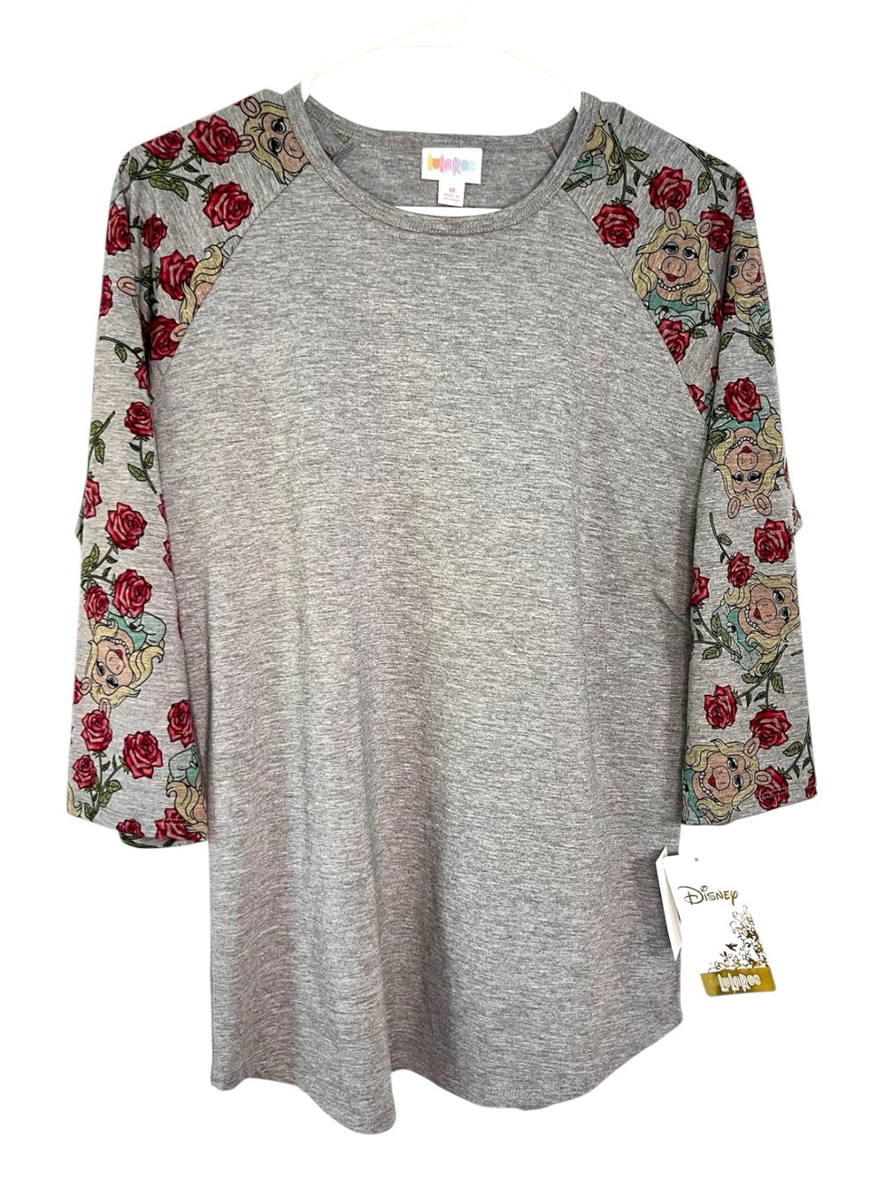 Disney LuLaRoe Randy Top with Miss Piggy and Red Rose Printed Sleeves Size M